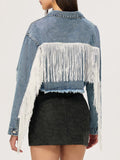 MQTIME  -  Distressed Fringe Collared Neck Cropped Denim Top