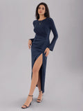 MQTIME  -  Split Round Neck Long Sleeve Midi Dress