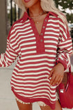 MQTIME  -  Stripe Johnny Collar Drop Shoulder Sweatshirt
