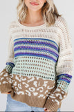 MQTIME  -  Leopard Striped Round Neck Crochet Knit Top