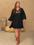 MQTIME  -  Plus Size Embroidered Tie Neck Long Sleeve Mini Dress
