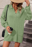 MQTIME  -  Collared Neck Long Sleeve Sweater Dress with Pockets