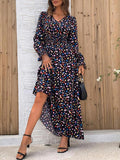 MQTIME  -  Smocked Printed V-Neck Flounce Sleeve Dress