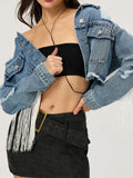 MQTIME  -  Distressed Fringe Collared Neck Cropped Denim Top