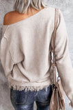 MQTIME  -  Exposed Seam Fringe Hem V-Neck Long Sleeve Sweater