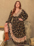 MQTIME  -  Plus Size Floral V-Neck Balloon Sleeve Dress