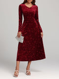 MQTIME  -  Flower Print V-Neck Long Sleeve Midi Dress