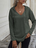 MQTIME  -  Drawstring Waffle Knit Long Sleeve Hooded Top