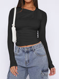 MQTIME  -  Ruched Asymmetrical Neck Long Sleeve T-Shirt