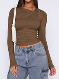 MQTIME  -  Ruched Asymmetrical Neck Long Sleeve T-Shirt