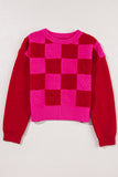 MQTIME  -  Checkered Round Neck Dropped Shoulder Sweater