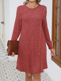 MQTIME  -  Decorative Button Round Neck Long Sleeve Dress