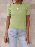 MQTIME  -   Ribbed Round Neck Short Sleeve Knit Top