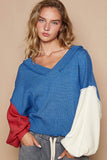 MQTIME  -  Exposed Seam Contrast V-Neck Lantern Sleeve Sweater