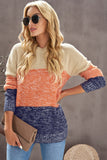 MQTIME  -   Color Block Round Neck Long Sleeve Sweater