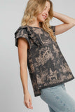 MQTIME  -  Ruffled Landscape Print Short Sleeve French Terry Top