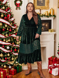 MQTIME  -  Plus Size Lace Patchwork V-Neck Balloon Sleeve Midi Dress
