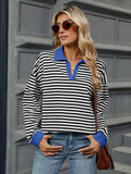 MQTIME  -  Striped Johnny Collar Long Sleeve Sweatshirt