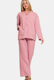 MQTIME  -  Quilted Button Up Long Sleeve Top and Pants Lounge Set