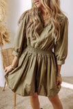 MQTIME  -  Smocked Johnny Collar Three-Quarter Sleeve Mini Dress
