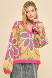 MQTIME  -   Floral Contrast V-Neck Dropped Shoulder Sweater