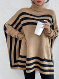 MQTIME  -  Striped Turtleneck Batwing Sleeve Sweater with Pockets
