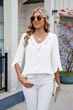 MQTIME  -  Ruffled V-Neck Three-Quarter Sleeve Blouse