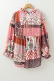 MQTIME  -  Patchwork Printed Notched Flounce Sleeve Shirt