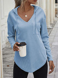 MQTIME  -  Drawstring Waffle Knit Long Sleeve Hooded Top