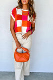 MQTIME  -  Contrast Plaid Round Neck Cap Sleeve Sweater