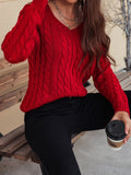 MQTIME  -   Cable-Knit V-Neck Cold Shoulder Sweater