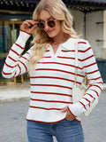 MQTIME  -  Striped Johnny Collar Long Sleeve Sweater