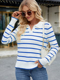 MQTIME  -  Striped Johnny Collar Long Sleeve Sweater