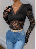 MQTIME  -  Perfee Lace V-Neck Long Sleeve Bodysuit