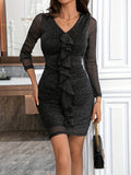 MQTIME  -  Metallic Ruffled V-Neck Long Sleeve Mini Dress