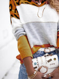 MQTIME  -  Leopard Color Block Round Neck Long Sleeve Sweater