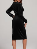 MQTIME  -  Round Neck Tie Waist Long Sleeve Velvet Dress