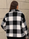 MQTIME  -  Plus Size Pocketed Plaid Collared Neck Jacket
