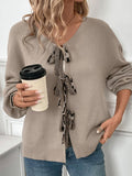 MQTIME  -   Perfee Tied Contrast Heart V-Neck Long Sleeve Cardigan