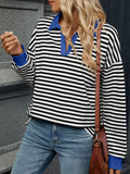 MQTIME  -  Striped Johnny Collar Long Sleeve Sweatshirt