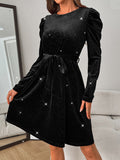 MQTIME  -  Glitter Round Neck Puff Sleeve Dress