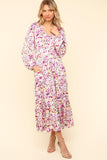 MQTIME  -  Haptics Full Size Floral V-Neck Long Sleeve Dress with Side Pockets