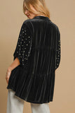 MQTIME  -  Umgee Pearl Detail Half Sleeve Velvet Babydoll Blouse