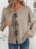 MQTIME  -   Perfee Tied Contrast Heart V-Neck Long Sleeve Cardigan