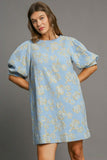 MQTIME  -  Umgee Floral Jacquard Puff Sleeve Mini Dress