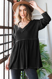 MQTIME  -  Full Size V-Neck Long Sleeve Ribbed Babydoll Top