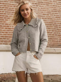 MQTIME  -  Frill Button Up Collared Neck Long Sleeve Cardigan