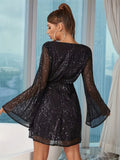 MQTIME  -  Sequin Surplice Long Sleeve Dress