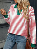 MQTIME  -  Striped Johnny Collar Long Sleeve Sweatshirt