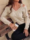 MQTIME  -   Cable-Knit V-Neck Cold Shoulder Sweater